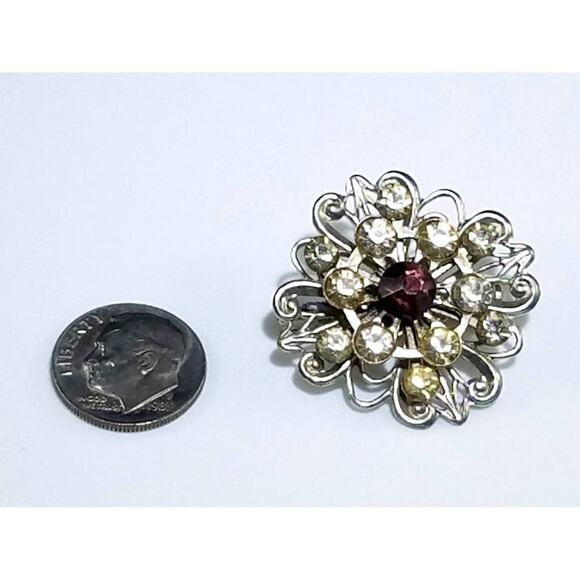 1950s Silver Tone Flower Brooch Purple Center Clear Rhinestone Vintage Pin - Picture 6 of 9